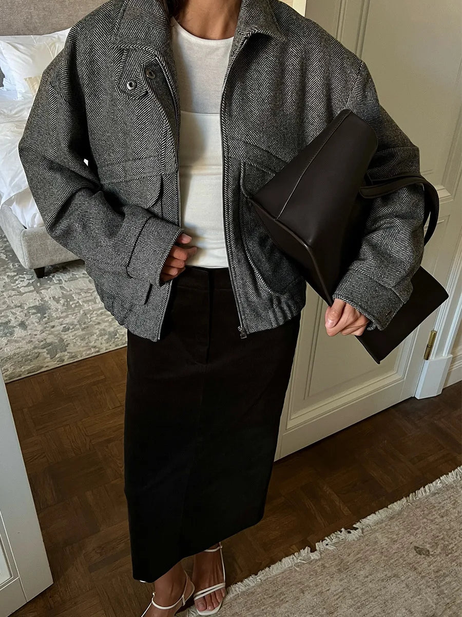 Tossy Autumn Grey Zipper Outwear Jackets Female Solid Loose Patchwork High Waist Cropped Top Coat Streetwear Women's Y2k Jackets.