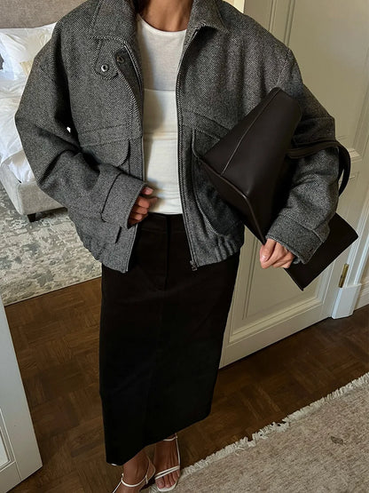 Tossy Autumn Grey Zipper Outwear Jackets Female Solid Loose Patchwork High Waist Cropped Top Coat Streetwear Women's Y2k Jackets.