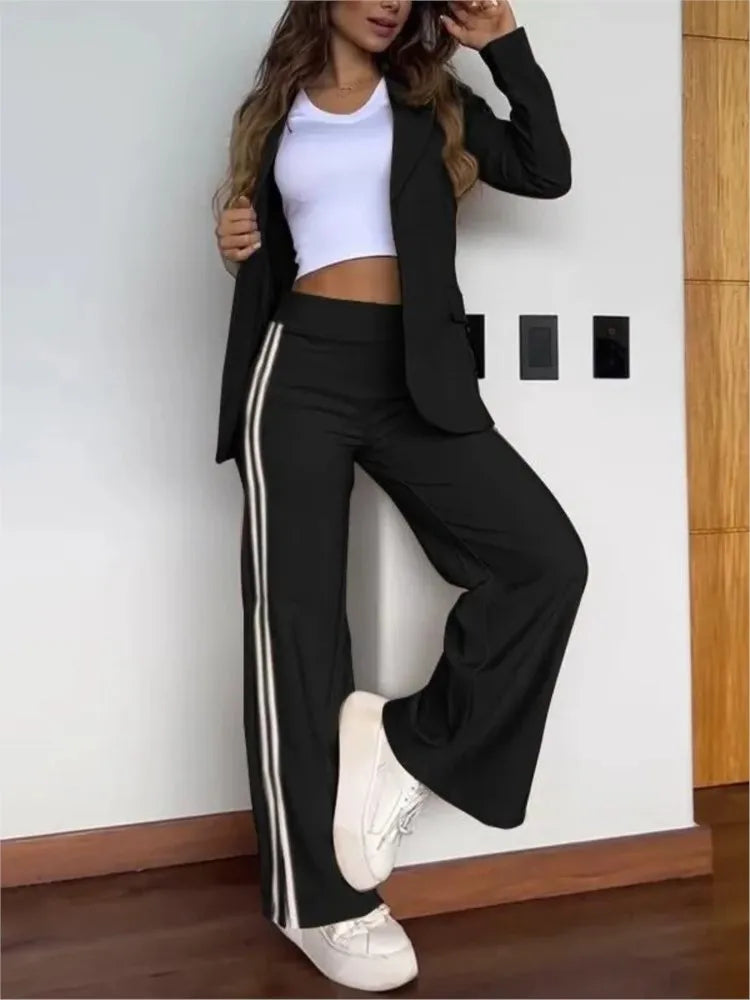 Autumn Winter New Women's Casual Lapel Pantsuit Fashion Splicing Stripes Slit Wide Leg Trousers Female Suit Office Two-piece Set.