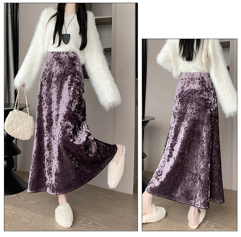 Plush Velvet Midi Skirt - 2025 New High-Waisted A-Line Mermaid Hem Skirt, Fleece-lined, Autumn Winter Thick Velvet Skirt.