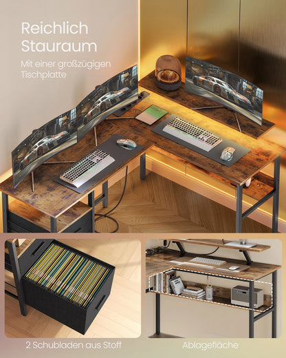 VASAGLE L-förmiger Schreibtisch mit Steckdosen, Eckschreibtisch, Computertisch, Monitorständer, Gaming-Tisch, LED-Beleuchtung