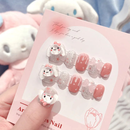 24Pcs 3D kuromi press on nails Y2K Cartoon Handmade Fake Nails Black Gel nail Wearable Nails Cinnamoroll Melody Anime False Nail