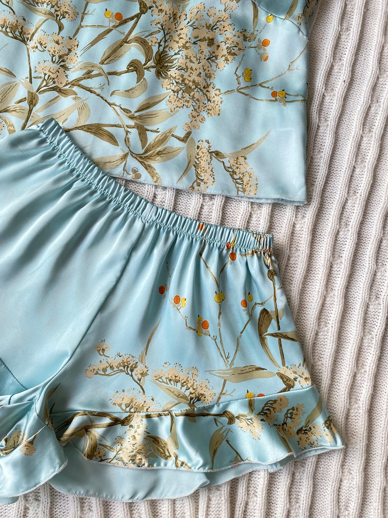 Elegante Cami-Tops mit Blumendruck, Rüschensaum, Shorts, Pyjama-Set, Damen-Nachtwäsche, Loungewear.