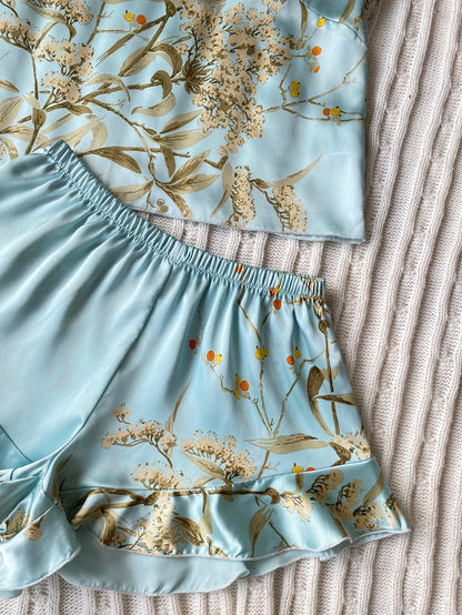 Elegante Cami-Tops mit Blumendruck, Rüschensaum, Shorts, Pyjama-Set, Damen-Nachtwäsche, Loungewear.