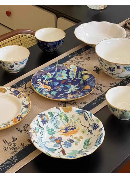 1PC Chinese-style Ceramic Plates New Flower-patterned Dinner Plates Ceramic Fruit Salad Plates Exquisite Kitchen Accessories.