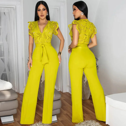 Summer Fashion Lace High Waisted Jumpsuit Women Elegant OL Lace Sleeveless Waistband Straight Jumpsuit Women.