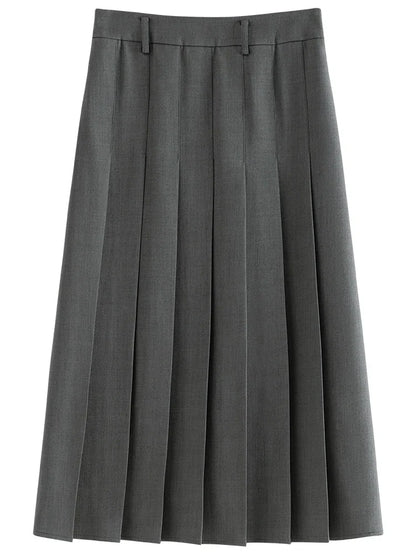 FSLE 2025 New Arrival Women Zipper Waist Office Lady Elegant Grey Skirt Pleated Design Navy Blue Color Long Skirt Daily Outfits.