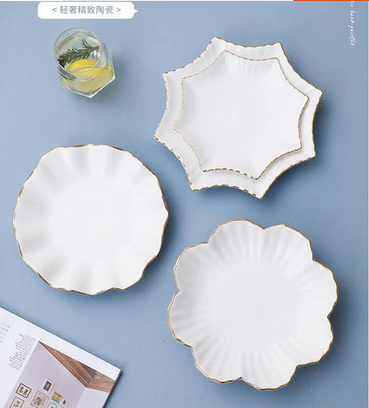 European Golden edged ceramic plate creative home serving plate special-shaped ceramic cutlery dinner plates fruit snack plates.