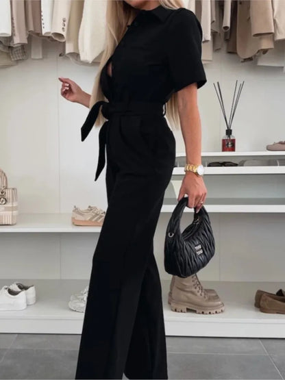 New Spring Summer Women Jumpsuits, Elegant Office Lady Jumpsuit Solid Color Belt Short Sleeve Casual Overalls Wide Leg Pants.