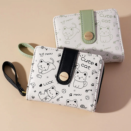 Japanese Cute Cat Girls Wallet Short Student ID Bank Card Holder Money Bag Zipper Wallets For Women Key Storage Purse Coin Purse.