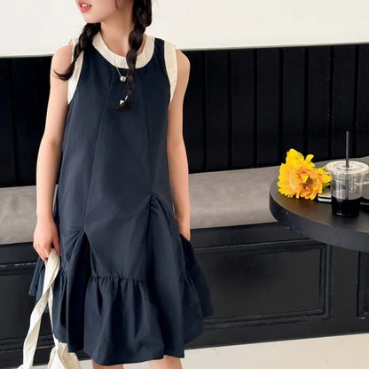 Neues Sommer-Mädchen-Prinzessinnenkleid für Kinder, ärmelloses Kleid mit Rüschen, Design-Kleider für Teenager, Kinder, lässiges Urlaubs-Strandkleid