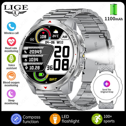 LIGE New 1100mAh Battery Smart Watches For Man Outdoor Sport LED Flashlight Compass Men’s Smartwatch Bluetooth Call Men Watches