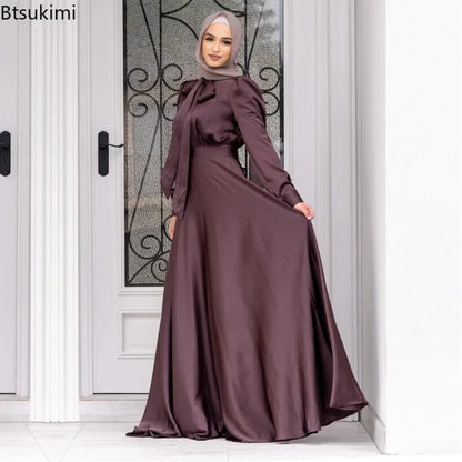 Elegant Satin Dress for Women Muslim Fashion Abaya Hijab Dubai Turkey Evening Dresses Arabic Kaftan Robe Female Islamic Clothing.