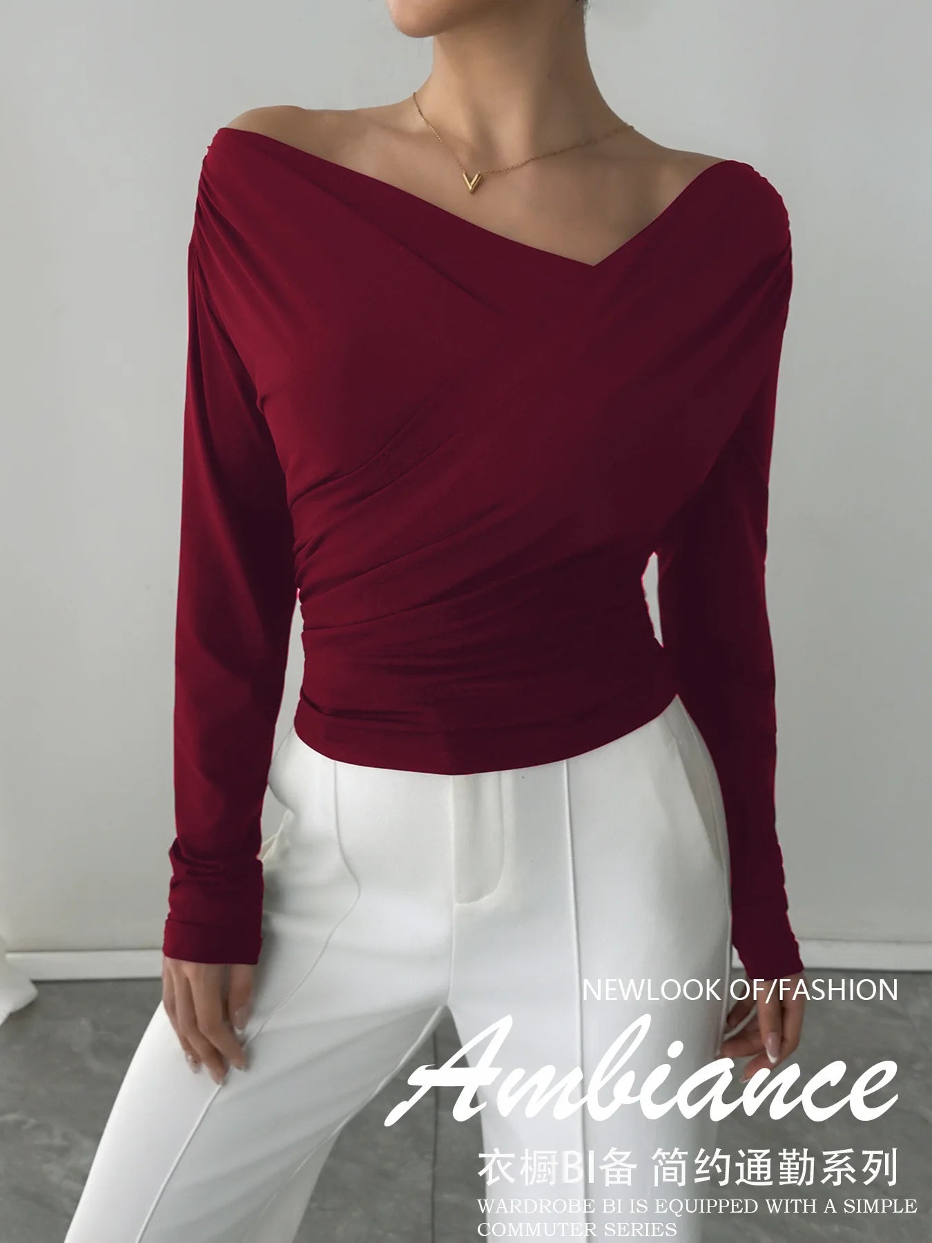 Phantasy New Solid Color Top Fashion Slant Shoulder Collar Shoulder Slimming Long Sleeve Commuter Top Vestido Elegant Tops.
