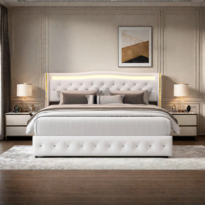 Rosahqnda Modernes Doppelbettgestell aus weißem PU-Leder, vergoldetes Kopfteil mit vier Schubladen ohne Matratze