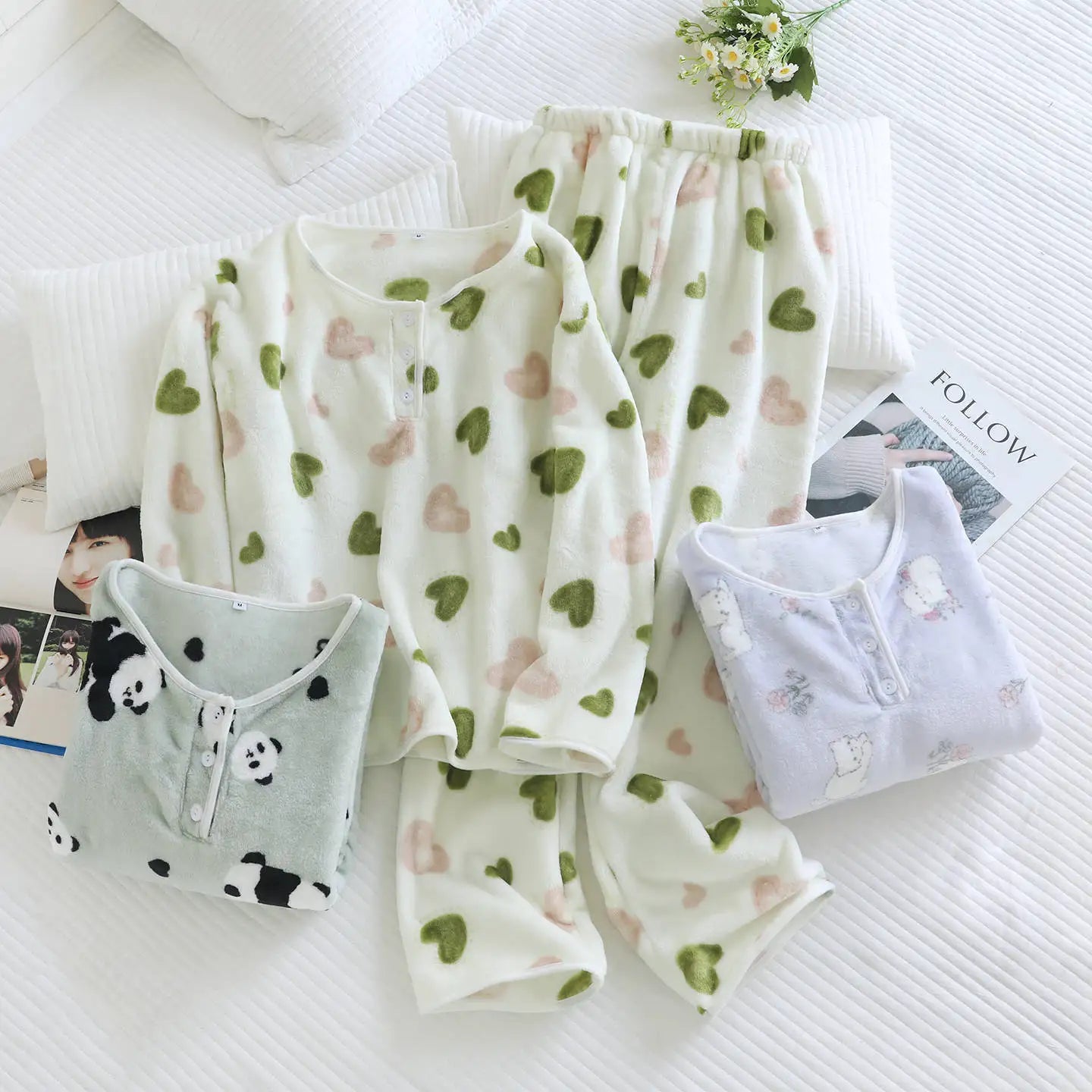 2025 New Winter Women's Pajama Set with Thickened Fleece and Flannel Warm Head Cartoon Comfortable Home Clothing Set Pijama