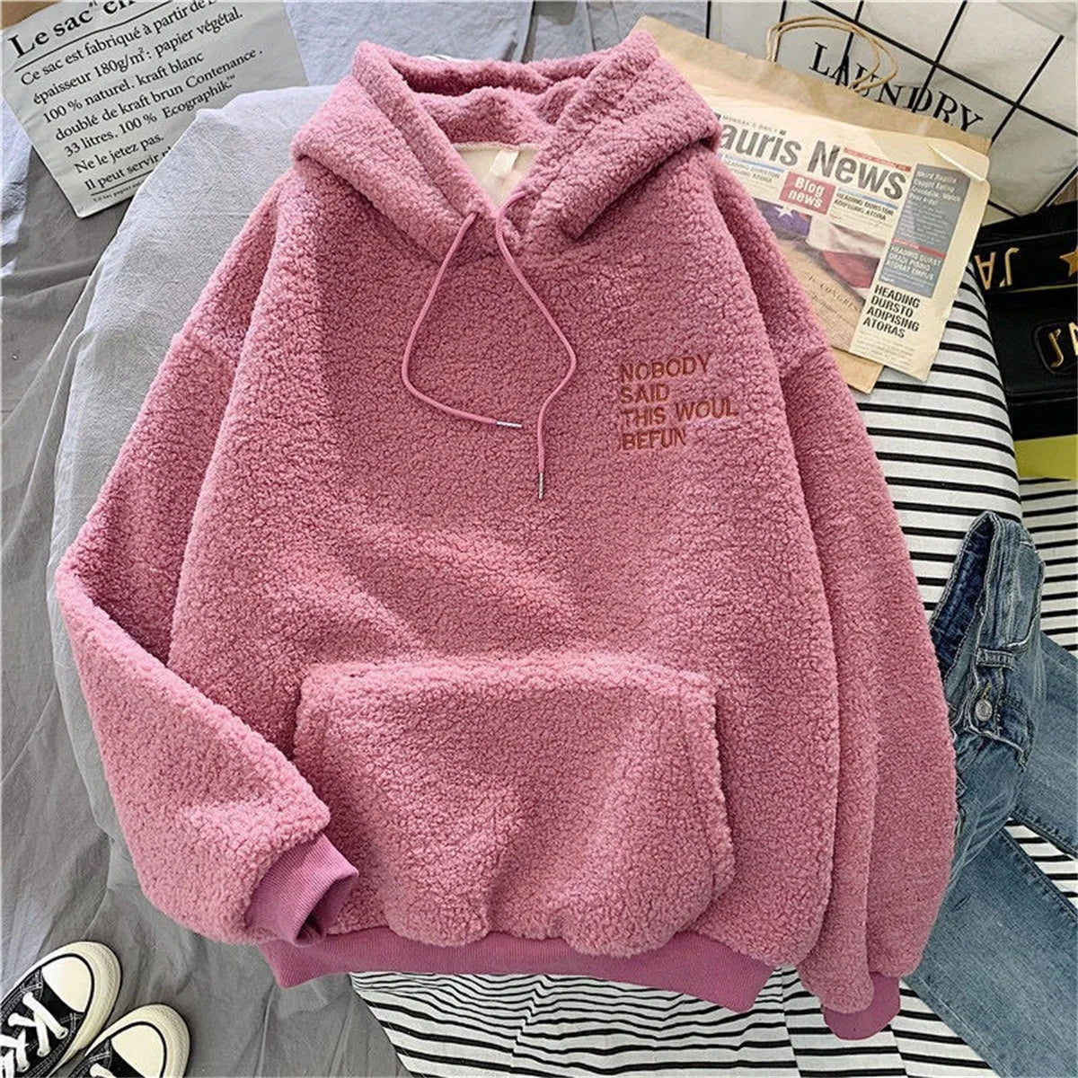 Autumn Winter Fashion Hooded Sweatshirt Women Korean Loose Solid Letter Tops Long Sleeve Warm Outfit Hoodie Lady Casual Street.