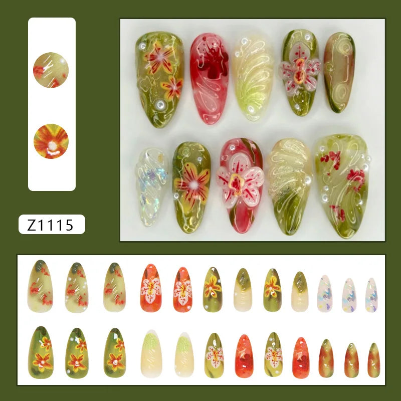 24pcs White Flower Fake Nail Tips Ins Yellow Pink Blush False Nails Wearable Full Cover European Almond Shaped Press on Nails