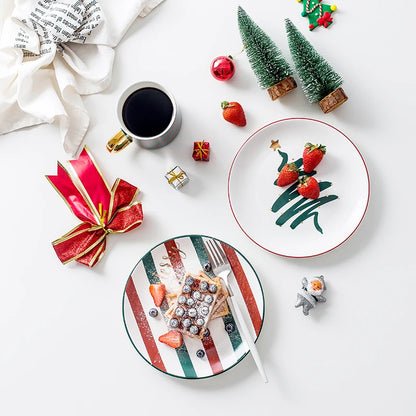 1pc Merry Christmas Ceramic Dinner Dish Plate Set Mug Dessert Cake Pastry Fruit Serving Plate Decorative Tableware.