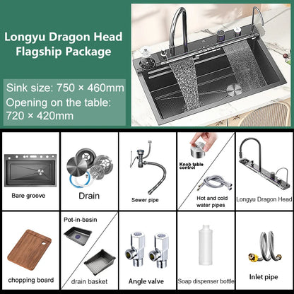 Stainless Steel Digital Kitchen Sink Large Waterfall Pull Out Faucet Honeycomb Embossed Sink Set