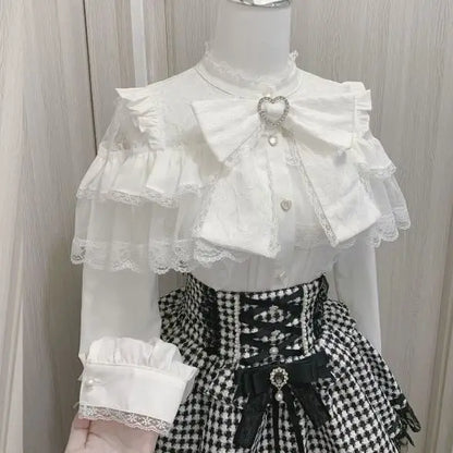 Japanese Mine Lolita Bow Shirt Subcultural Shirts Female Cute Black and White Lace Long-sleeved Short-sleeved Blouse Women