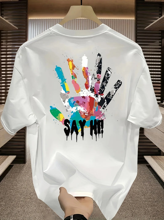 Men's Summer 100 Cotton Fashionable Casual Sports Loose Large Size Color Handprint Round Neck Short Sleeve T-shirt Top.