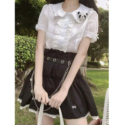 Deeptown Kawaii Lolita Blouses White Women Cute Lace Tops Ruffle Shirts Vintage Puff Sleeve Japanese Preppy Style Sweet Tops.