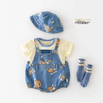 2 Stück Sommer Kinder Baby Denim Bodysuit und Mützen Anzüge einteilige Unisex Kleinkind Jungen Mädchen weiche Jeans Kleidung Jeans Sprung anzüge