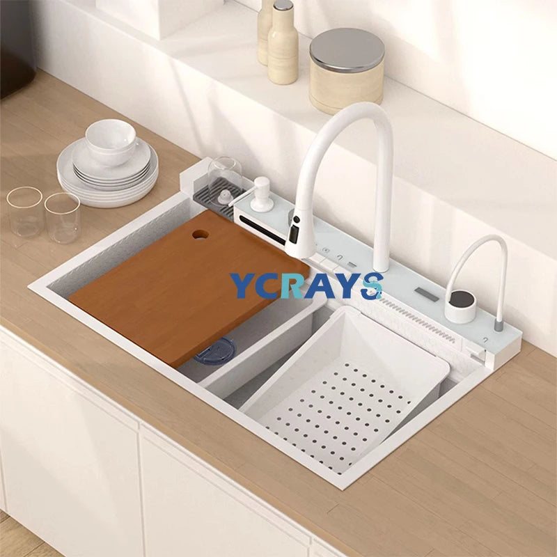 YCRAYS White Nano Kitchen Sink Large Single Slot Waterfall Integrated Digital Display Faucet Soap Dispenser Cup Washer Pure Tap
