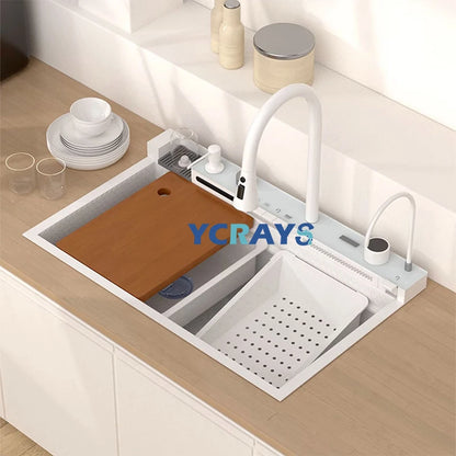 YCRAYS White Nano Kitchen Sink Large Single Slot Waterfall Integrated Digital Display Faucet Soap Dispenser Cup Washer Pure Tap