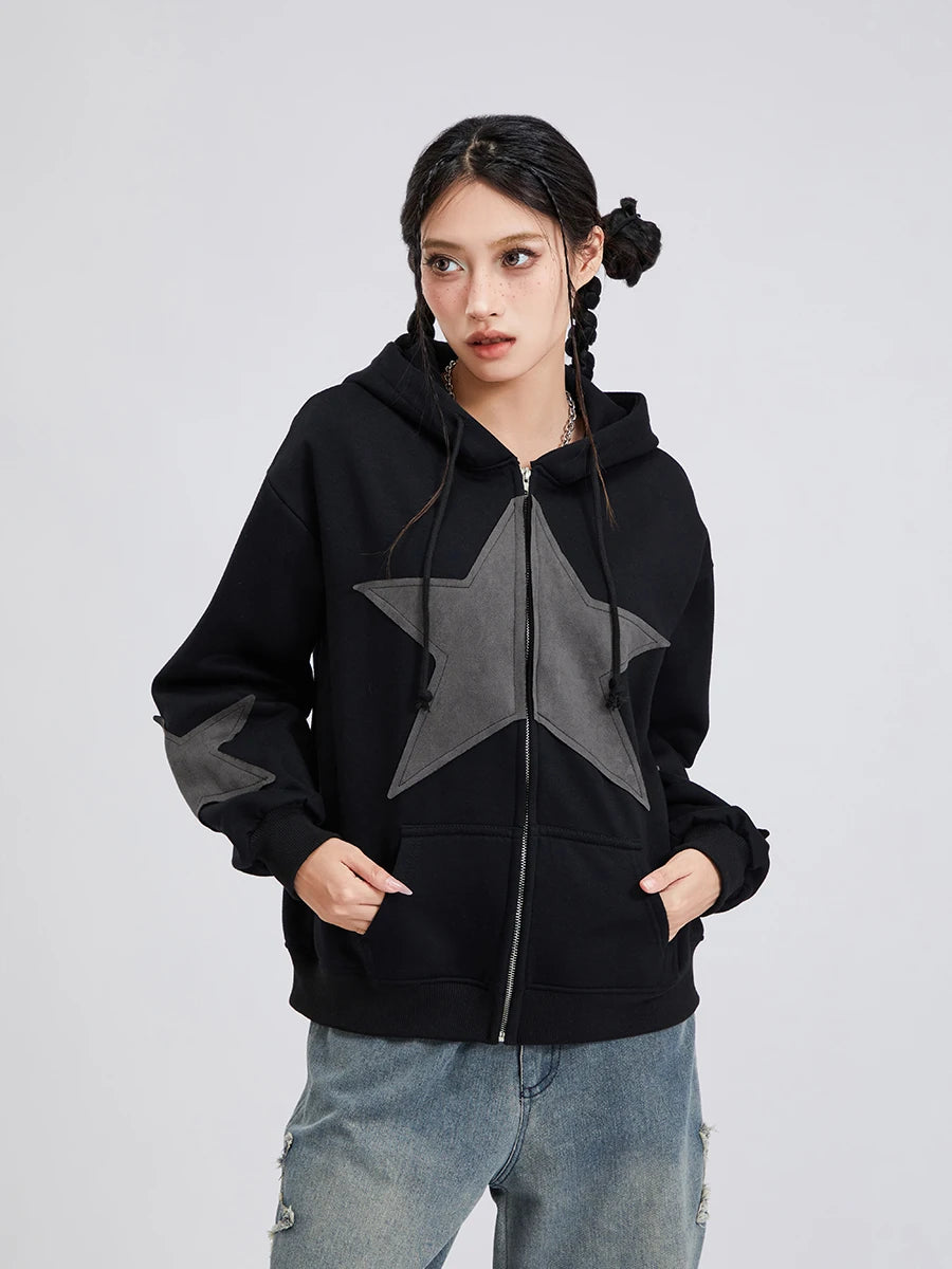 Y2K Vintage Star Print Hooded Hoodie for Women Casual Loose Long Sleeve Zip Up Drawstring Sweatshirts Autumn Spring Coat Street.
