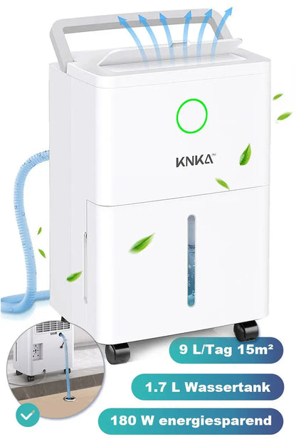 Dehumidifier with 4 operating modes, digital display, drain hose, for 150 m³ rooms, dehumidification 9l/day.