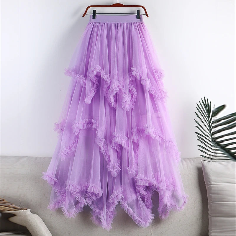Autumn Winter New 2025 Irregular Cake Tulle Skirt Women Sweet Midi Long High Waist A Line Skirt Female Mesh Party Skirt Lady.