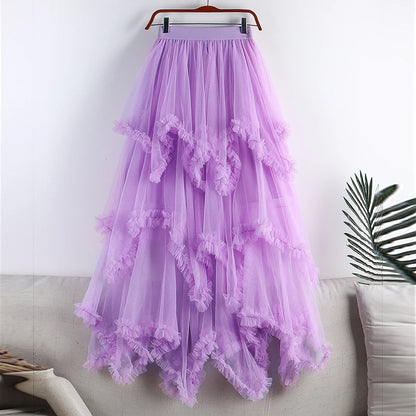 Autumn Winter New 2025 Irregular Cake Tulle Skirt Women Sweet Midi Long High Waist A Line Skirt Female Mesh Party Skirt Lady.