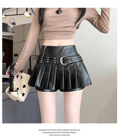 Women's Black Gothic A-line Pleated Leather Skirt Y2k Mini Shorts Skirts Harajuku Korean Emo Skirt 2000s Vintage Clothes Summer.