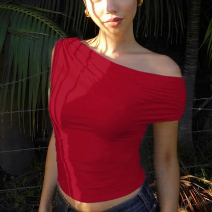 Talenza Sexy One Shoulder Tops Womens Summer Fashion Hot Girls Backless Pleated Slim T-Shirt Casual Office Lady Party Tops Women.