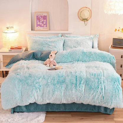 3Pcs Super Shaggy Coral Fleece Warm Cozy Princess Bedding Set Mink Velvet Duvet Cover Set Bed Comforter Cover Blanket Pillowcase