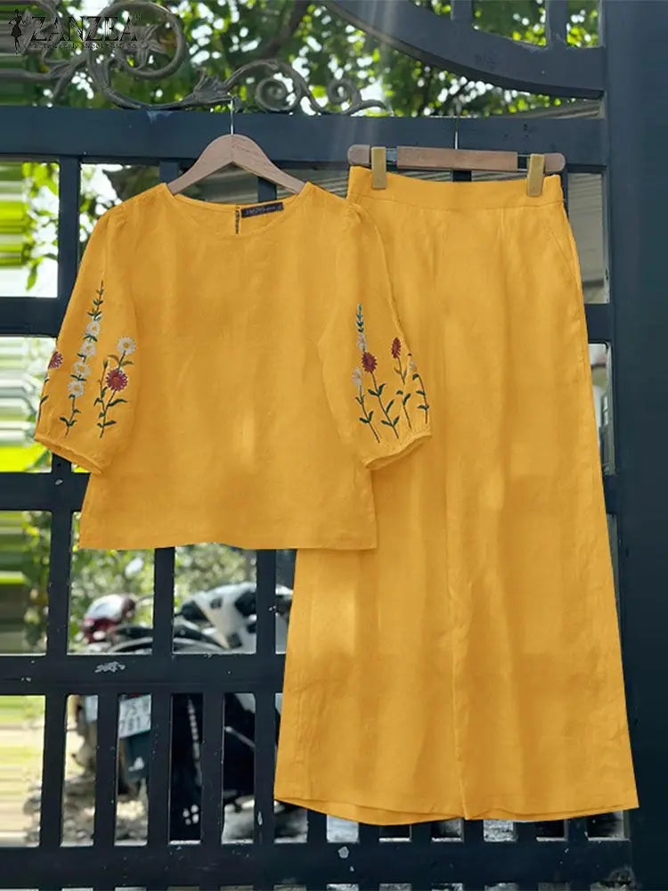 ZANZEA Fashion Women 3/4 Sleeve Embroidery Blouse Pants Sets Autumn 2PCS Floral Tracksuit Casual Loose Wide Leg Trousers Suits.