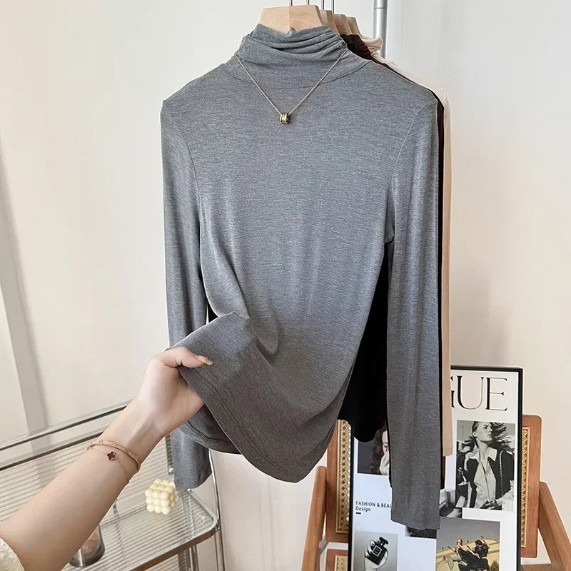 Yuyue Women's High-necked High Strecth Bottoming Shirt Old Money Style Silk Pile Collar Base Top Contain Mulberry Silk and Wool