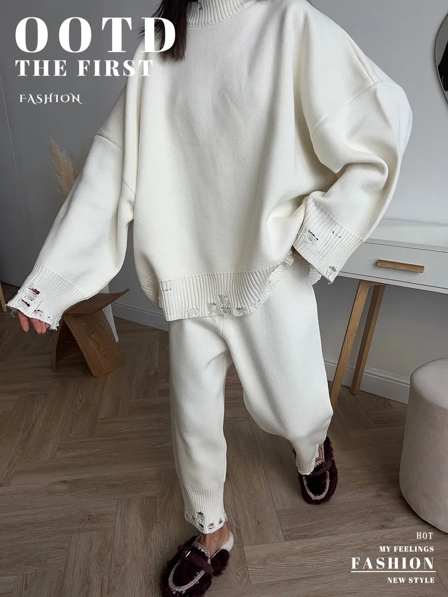 Bornladies Autumn Winter Women's New Turtleneck Knit Sweater Skinny Knit Pants Set Soft Oversized Ripped Hem Fashion Pullover.