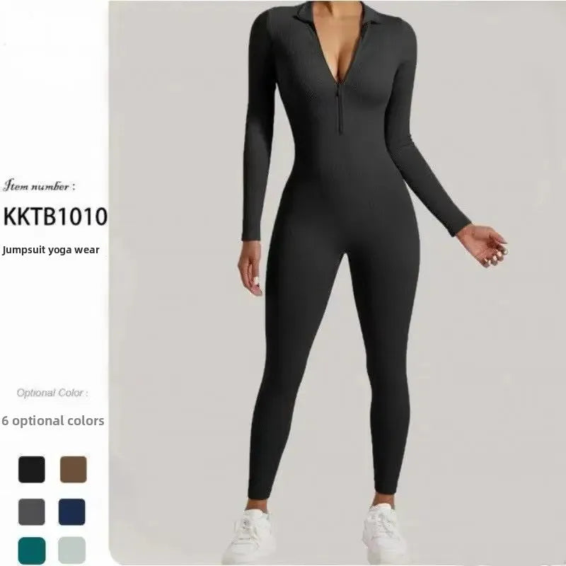 Seamless Long Sleeve Yoga Suit One-Piece Tightening Fitness Leisure Sports Jumpsuit with Zipper for Women.
