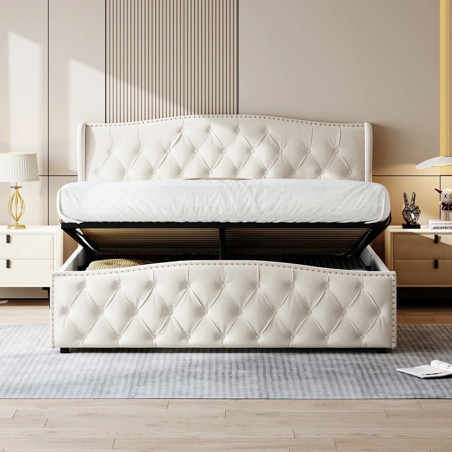 Lazyspace Samt gepolsterter Bettrahmen mit Lattenrost, hydraulisches Bett mit Stauraum, modernes Doppelbett mit Nietenverzierung