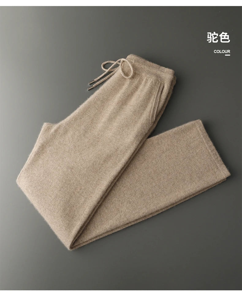 Classic Versatile 100% Cashmere Pants Men High Waist Knitted Straight Pants Solid Color Loose Thin Wide Leg Pants.