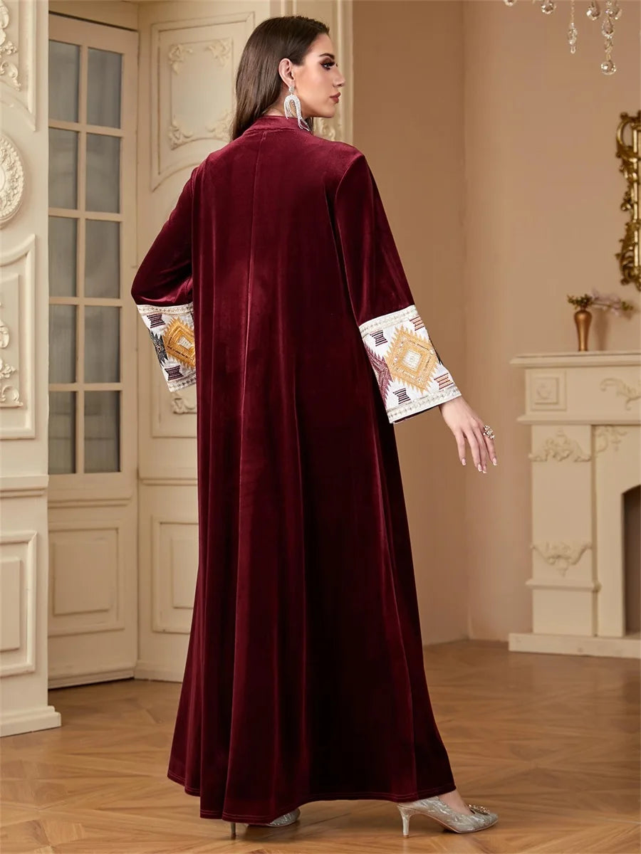 Siskakia Ramadan Muslim Notched Stand Collar Tassel Long Dresses For Women  Loose Elegant Kebaya Patchwork Sleeve Abayas.