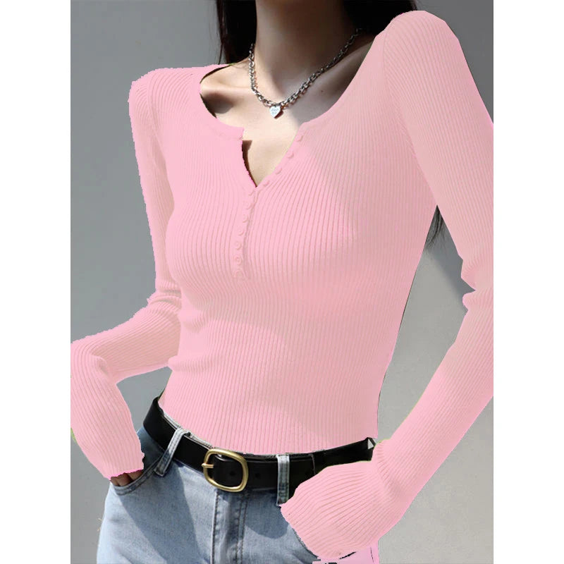 2026 weibliche Casual Tops Pullover Warme V-ausschnitt Frauen Herbst Winter Gestrickte Dünne Pullover Feste Taste Volle Hülse Pullover.