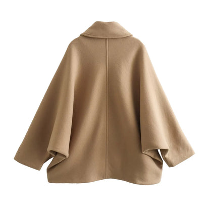 ZBZA Damen Schräge Knopf Lose Fledermausärmel Jacke Mantel Revers Langarm Doppeltasche Warm Solide Farbe Vintage Oberbekleidung Herbst Winter Neue Weibliche Chic Mantel