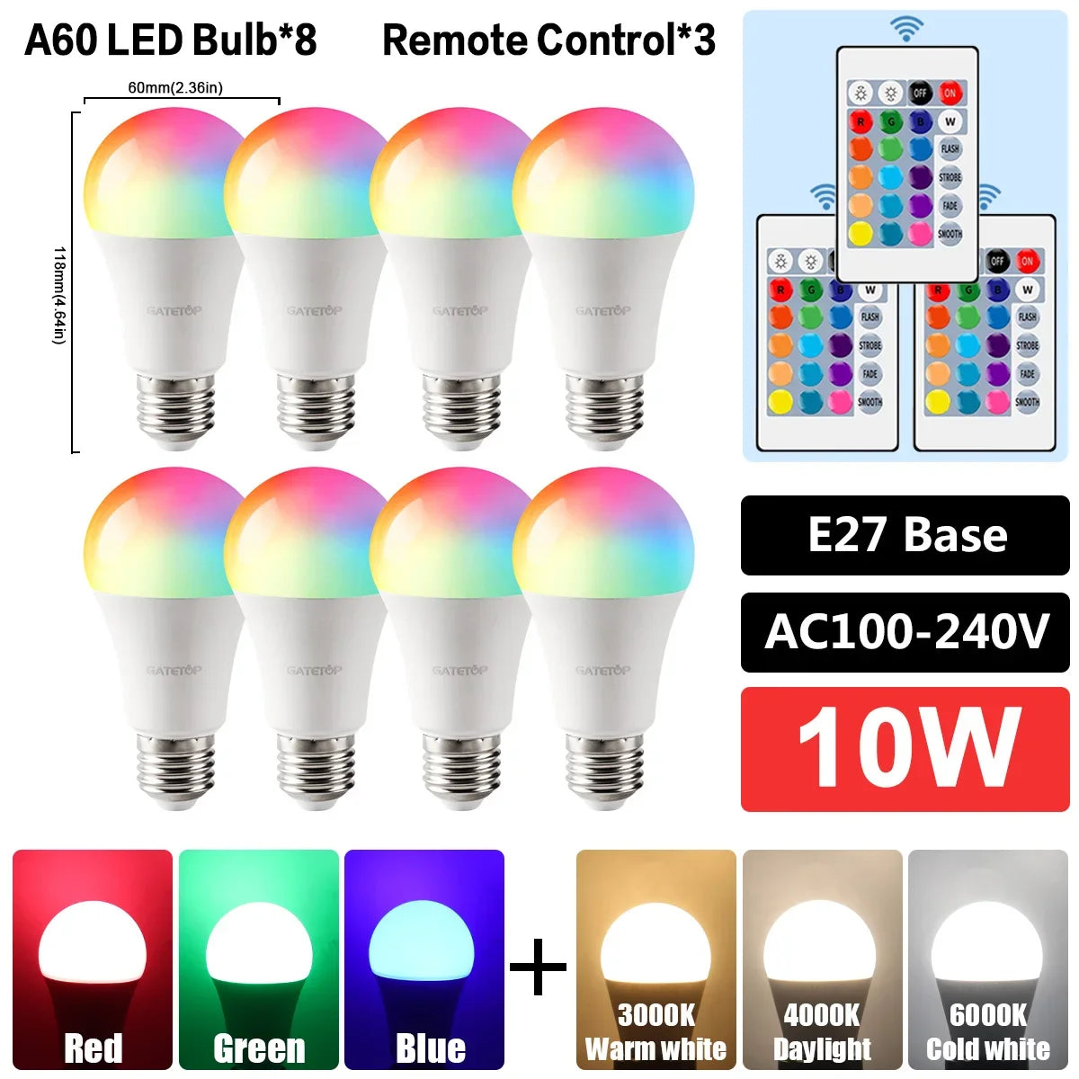 E27 RGB LED Bulb Base 24 Key Remote Control Dimmable 10W RED Blue AC220V 110V Colorful Change for Bedroom Living Room Desk Lamp.