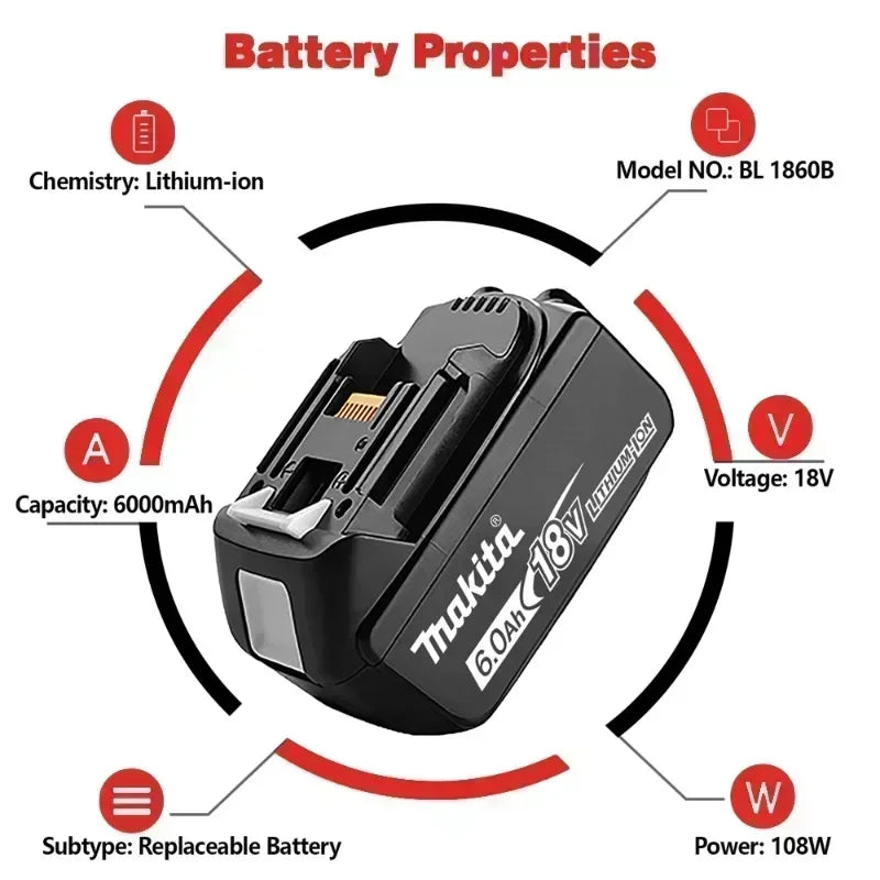 100% Original Makita 18V 6.0Ah battery, for Makita BL1830， BL1830B， BL1840 ，BL1840B ，BL1850 BL1860B power tools battery.