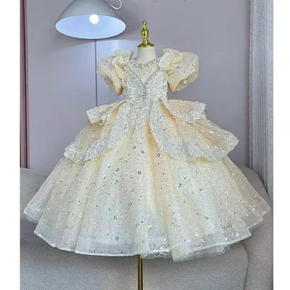2025, Kinderkleid, Performance-Outfit, Mädchen, Blumen-Pailletten, geschwollenes Kleid, rote Partykleidung, Kinder, Mädchen, Geburtstag, Prinzessinnenkleider, glitzernd