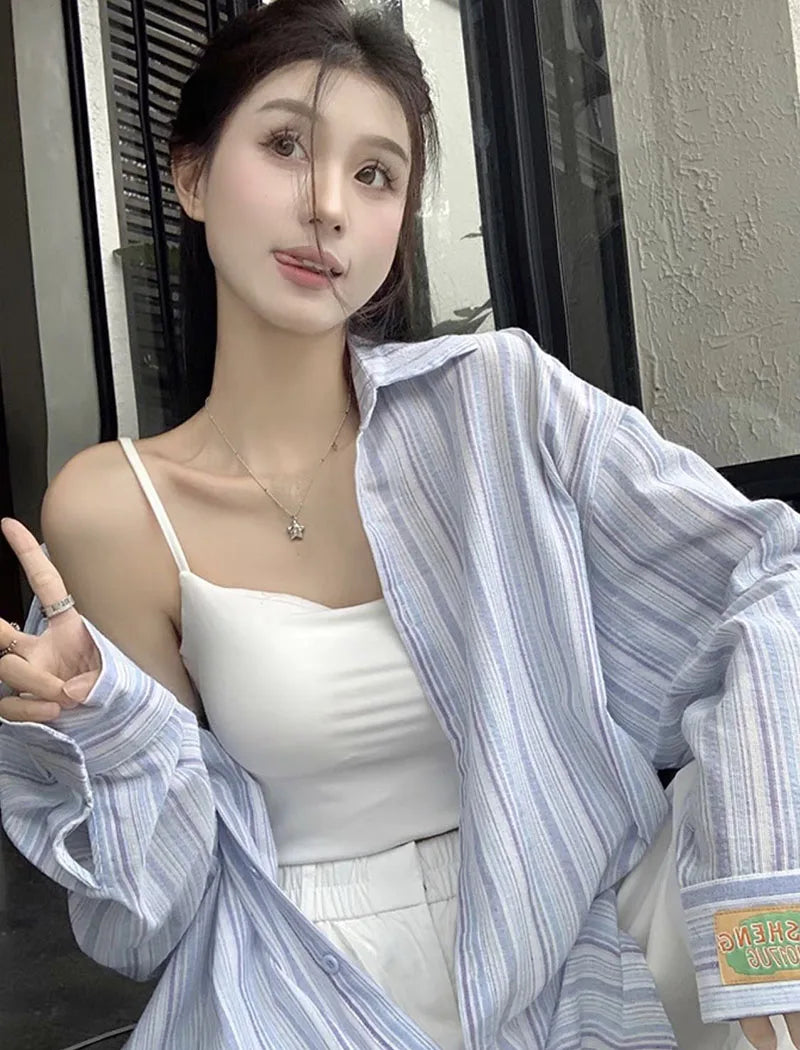 Pink Striped Shirt Women Korean Style Loose Long Sleeved Button Up Blouse Ladies Autumn New Wild Streetwear Casual Shirts 2025